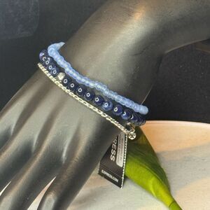Express Set of 3 Stretch Blue and Silver Beaded Bracelet